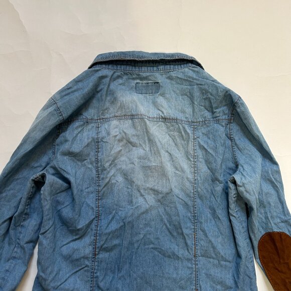 Ci Sono Western Pearl Snap Denim Shirt Womens M Faded Elbow Patch Boho Roll Tab - Picture 13 of 16